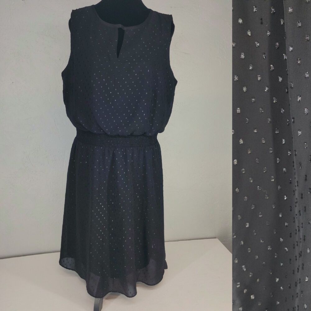 Chico's Sz 2 | Black Flowy Sequin Sleeveless Knee Length Dress Elevated Chic